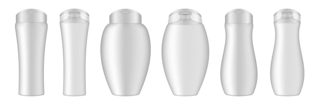 Set of white cosmetic bottles for lotion or body milk. Cream, shampoo, shower gel or body lotion