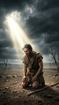 Ancient covenant legend: Cain brother, Abel death, Bible story, religion concept, divine light, desert ground, humble plea, guilt burden, grieve heart, barren earth, heaven ray.