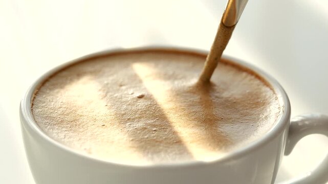 Close-up of creamy coffee foam being stirred in white cup with spoon