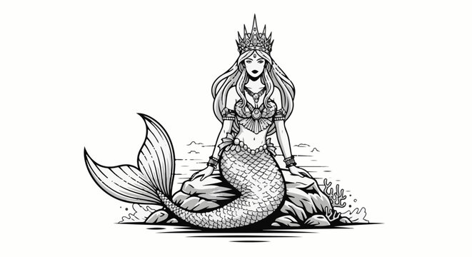 A majestic mermaid queen with flowing hair, crown, and shimmering tail sits on rocks