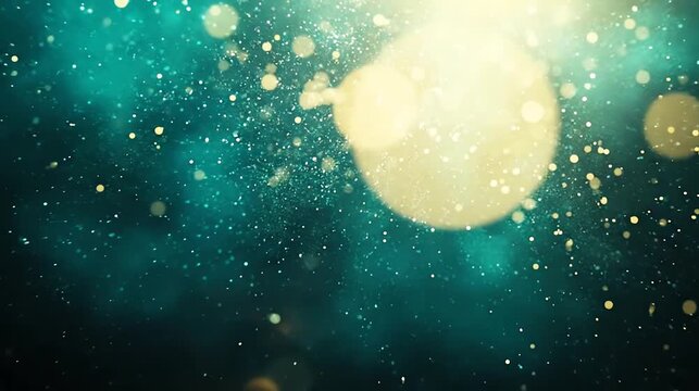 Abstract shimmering bokeh background with floating particles in teal and gold