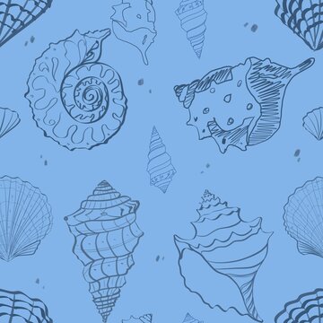 Minimal seamless pattern with hand-drawn seashells on blue background, single line coastal design
