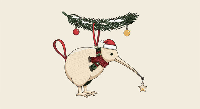 A festive kiwi bird ornament with a Santa hat and scarf hangs from a pine branch with snow and baubles