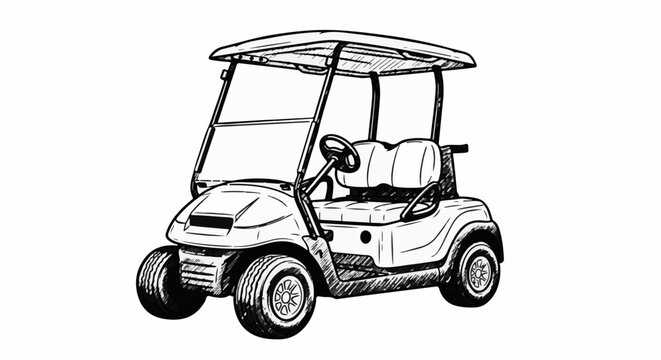 A hand-drawn sketch of a golf cart with two seats and a canopy