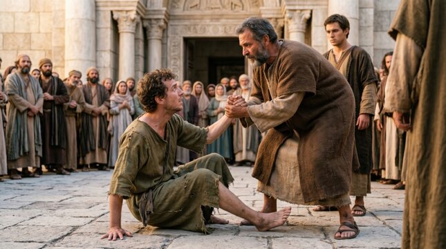Apostle Peter helping a lame man to stand up. Biblical scene from the book of Acts where an apostle heals a crippled beggar in Jerusalem. Faith and miracle in religious history.