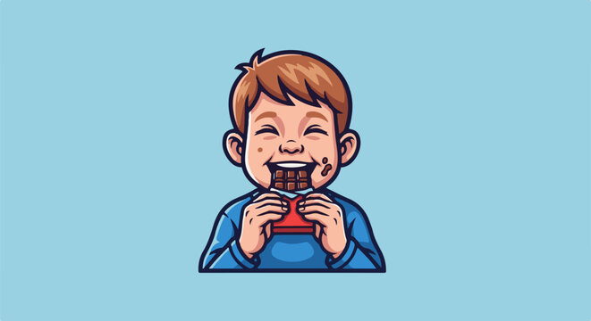 A happy boy with chocolate smudges eats a chocolate bar with delight