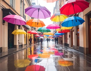 Fototapeta premium A vibrant alleyway with colorful umbrellas and reflective wet pavement