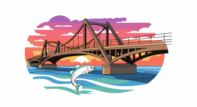 A fish jumps from the water below a suspension bridge during a vibrant sunset
