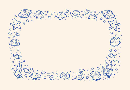 Minimal hand-drawn ocean frame with seashells, starfish, fish,  sea plants. Clean line art illustration with copy space, ideal for invitations, branding, packaging,  summer themed designs.