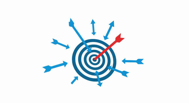 A red arrow hits a target center, surrounded by many blue arrows aimed inwards