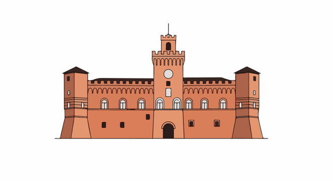 A flat, illustrative depiction of a terracotta-colored fortress with towers and battlements