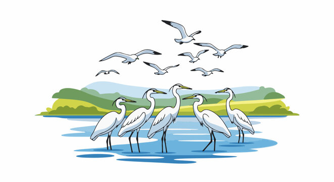 A group of white herons stands in shallow water with seagulls flying above in a stylized natural setting