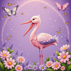 Fototapeta premium Cute 'It's a Girl' nursery art with a pink stork carrying a bundle, su...