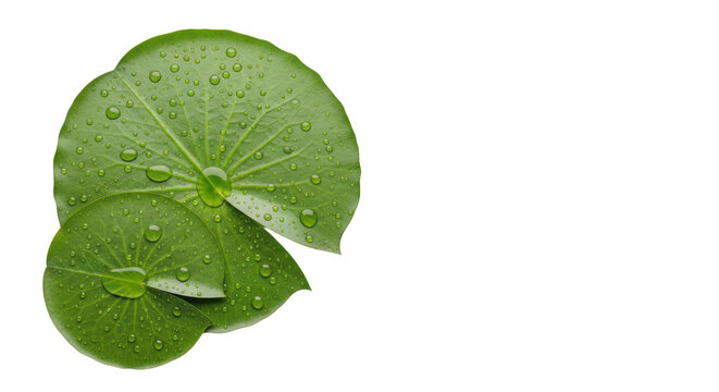 Two vibrant green water lily pads with clear water droplets and intricate venation, slightly overlapping on a transparent background with ample copy space, minimalist studio concept