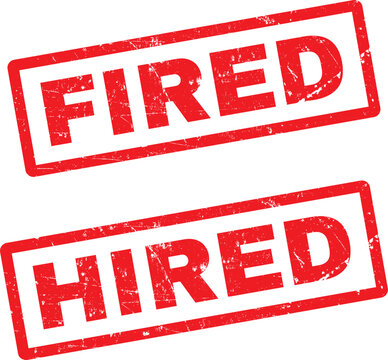 Stamps with fired and hired written on them