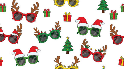 Christmas sunglasses pattern with Santa hats, reindeer antlers and festive elements, seamless holiday background design in playful vector style isolated on white © Md
