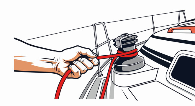 A hand guides a red rope around a winch on a sailboat deck