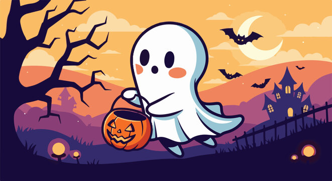 A cute ghost carries a jack-o'-lantern bucket near a spooky haunted house under a moonlit sky
