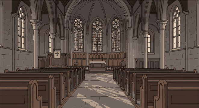 A grand, empty gothic church interior with stained glass windows and wooden pews
