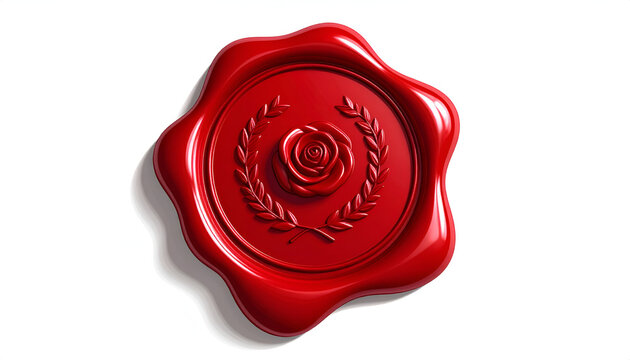 A vibrant red wax seal features a detailed rose emblem surrounded by a laurel wreath.