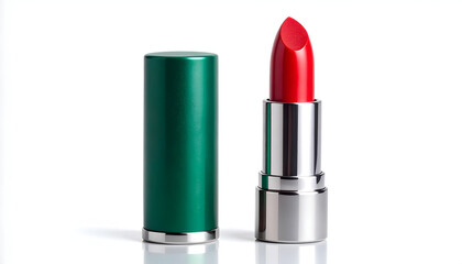 Obraz premium A vibrant red lipstick sits beside its green casing on a clean white surface, showcasing a classic beauty product.