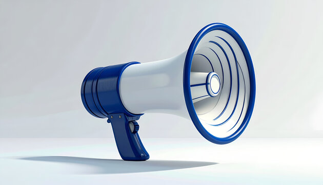 A vibrant blue and white megaphone rests against a clean white background, symbolizing communication and announcement.