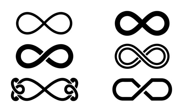 Infinity symbol set with 6 black vector icons, eternal loop sign collection, mathematical lemniscate symbols for logo design and branding