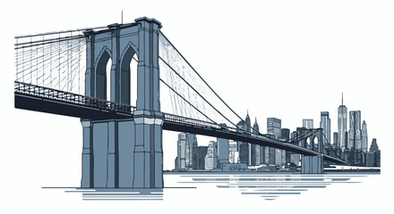 Fototapeta premium A grayscale illustration of a large suspension bridge spanning a body of water, with a city skyline in the background
