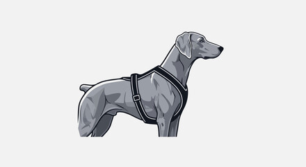 A grey dog wearing a black harness stands looking to the right © rizki