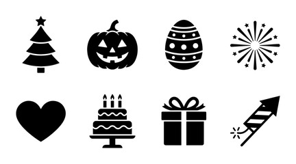Fototapeta premium Holiday and celebration icon set, 8 black vector symbols for seasonal events, festive party and holiday calendar graphics on white background