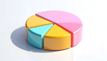 Obraz premium A vibrant, three-dimensional pie chart with distinct color segments is presented against a clean white background, symbolizing data representation and analysis.