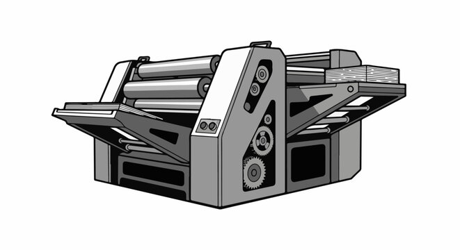 A grayscale illustration of a printing press machine with paper stacks