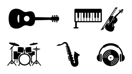 Musical instrument icons set, black silhouette vector collection of guitar, drums, and piano, minimalist music equipment symbols for concert posters © Nehar