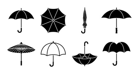 Black umbrella vector icons set, minimalist parasol silhouettes in various positions, 8 weather protection symbols for rain and sun design © Rayhan