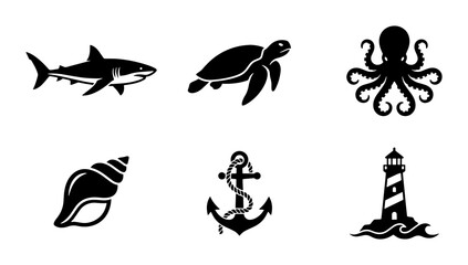 Nautical black silhouette icons set, sea life animal vector illustrations, shark turtle octopus shell anchor and lighthouse symbols for marine branding © Nehar