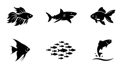 Obraz premium Black fish silhouette icons set, minimalist aquatic animal vector graphics, shark and goldfish symbols, school of fish and marine life illustrations