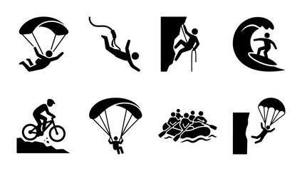 Extreme sports icons set, black silhouette adventure activity symbols, 8 vector pictograms for outdoor recreation and adrenaline hobbies © Rayhan