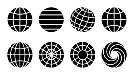 Minimalist globe icon set, black earth sphere vector collection, 8 geometric world map symbols for global business and web navigation © Nehar