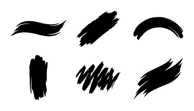 Black ink brush strokes set, 6 hand drawn paint splatters and smears, artistic grunge texture elements for graphic design and branding
