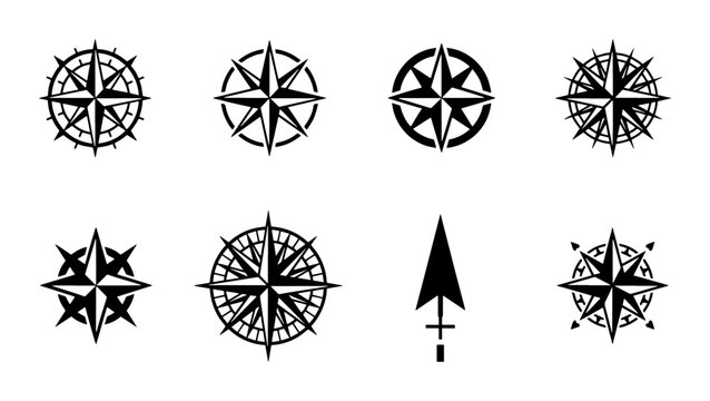 Vintage nautical compass rose icons, set of 8 black vector wind rose symbols, antique maritime navigation elements for maps and travel design