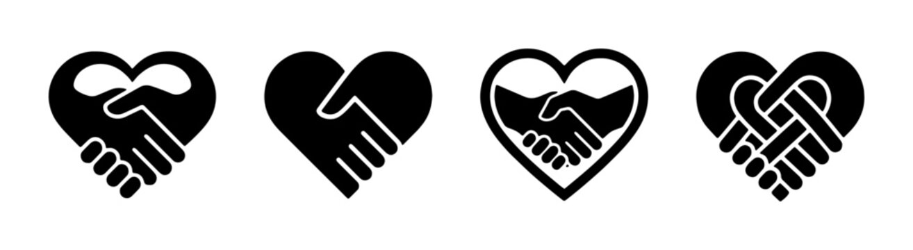 Handshake heart icon set, black and white partnership symbols, 4 vector elements representing trust and collaboration, charity and unity logos