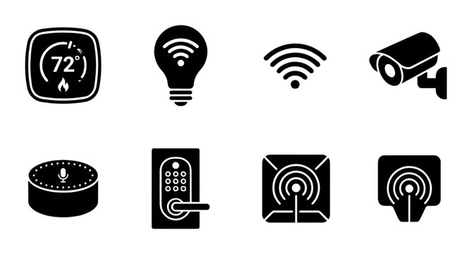 Smart home automation icon set, 8 black solid vector symbols for internet of things, home security and remote control technology interface