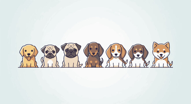 A line of adorable, pixel-art puppies of various breeds, sitting patiently