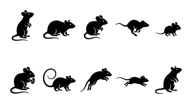 Black mouse silhouette collection, set of 10 rodent icons in various poses, minimalist rat vector illustrations for pest control and wildlife design