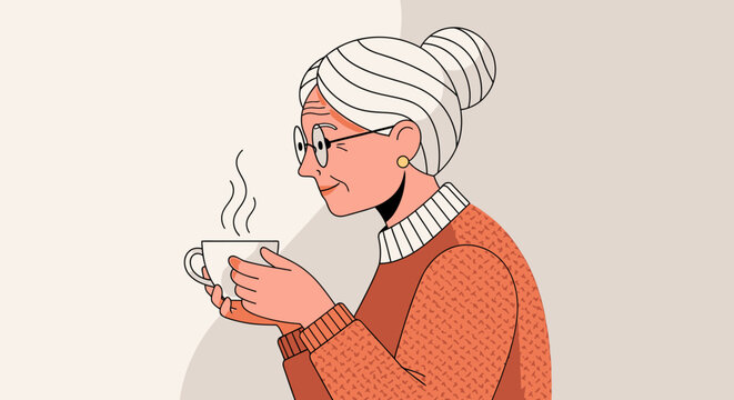 Elderly woman enjoying a warm cup of coffee indoors.