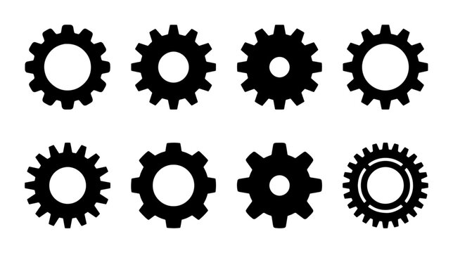 Industrial gear silhouette icons, set of 8 black mechanical cogwheel vectors, engine machinery parts for engineering and technology concepts