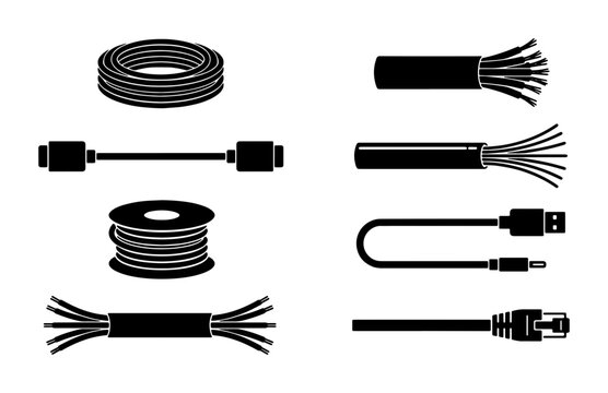 Electrical cable icons and wire set, black silhouette power cord vector collection, industrial copper wiring and network ethernet cable illustrations