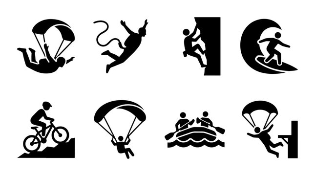 Extreme sports icons set, black silhouette adventure activity pictograms, 8 vector symbols for outdoor recreation and adrenaline hobbies