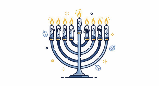 A lit menorah with nine candles and decorative elements like dreidels