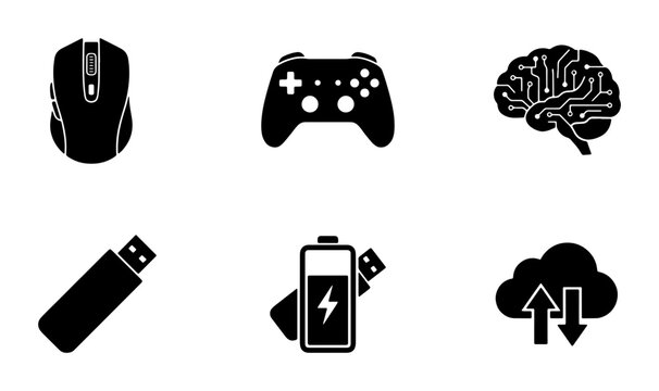 Modern technology icon set, black solid vector symbols of computer mouse and gaming controller, digital hardware and cloud storage graphics